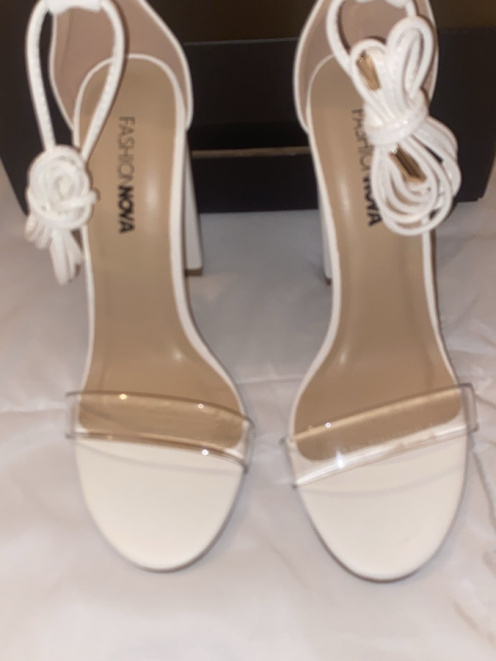 Fashion Nova Carina White Block Heel Sandals with Clear Toe Strap and Wrap Ties